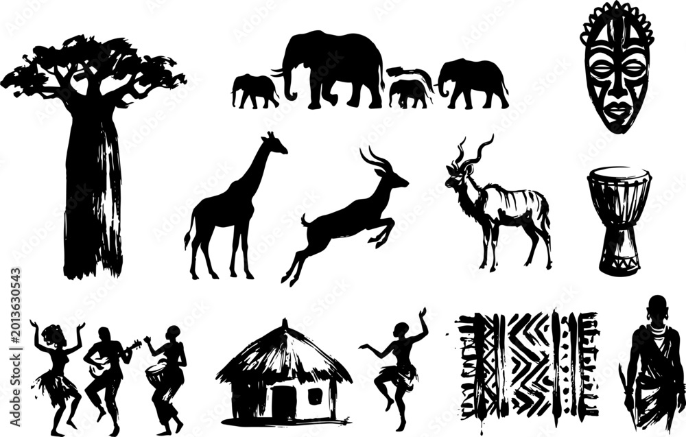 Fototapeta premium African art and animals collection with baobab tree and tribal mask