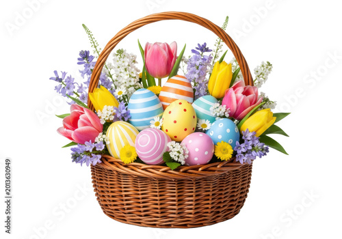 Traditional brown wicker easter basket brimming with pastel patterned eggs and fresh pink and yellow tulips, professional studio shot against transparent background. Concept for festive easter