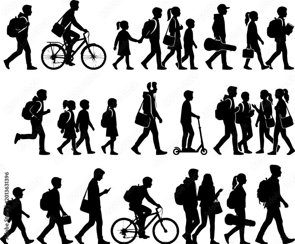 Fototapeta premium Diverse group of students walking and biking with backpacks and bags
