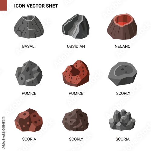 Obraz na plátně Volcanic Rock Icons: Basalt, Obsidian, Pumice, Scoria, Necanc