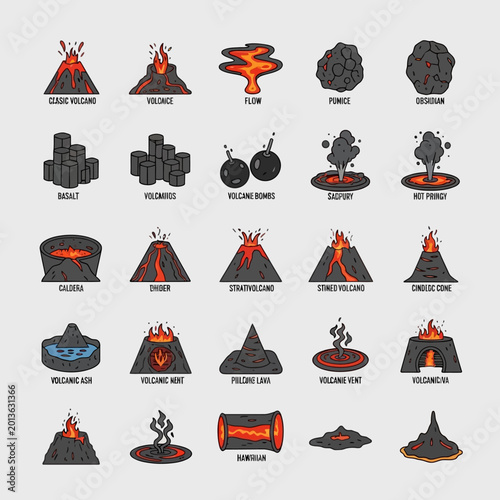Volcano Types and Eruptions Vector Icons Set