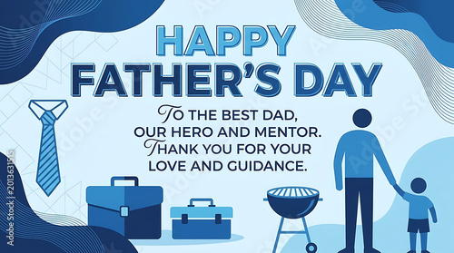 Elegant Father's Day greeting card in sapphire blue tones with modern typography and creative text design for holiday social media banners, website promotion, and stylish advertisement display.
