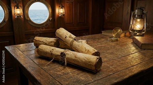 Old vintage paper scrolls on a wooden table inside a dimly lit ship cabin room.
