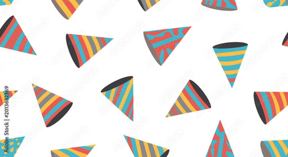 Fototapeta premium Seamless pattern of vibrant and colorful party hats with various stripes and patterns, ideal for birthday celebrations and festive backgrounds.