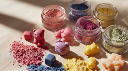 Flat lay of matte modeling clay on light wood with vibrant dough, cute molded animals and safe tools under soft light. Creative concept with copyspace for children education ads.