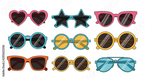 Set of trendy sunglasses in various shapes like hearts and stars with different lens colors, perfect for summer fashion and party themes.