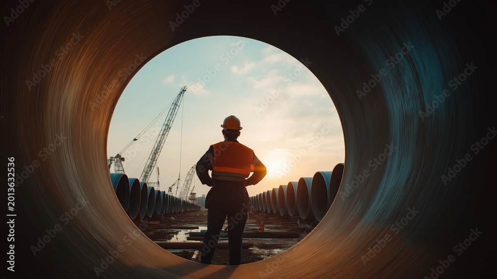 Fototapeta premium An inspection pipe circular by a top industry engineer or technician. Under a massive tube at the construction site, 
