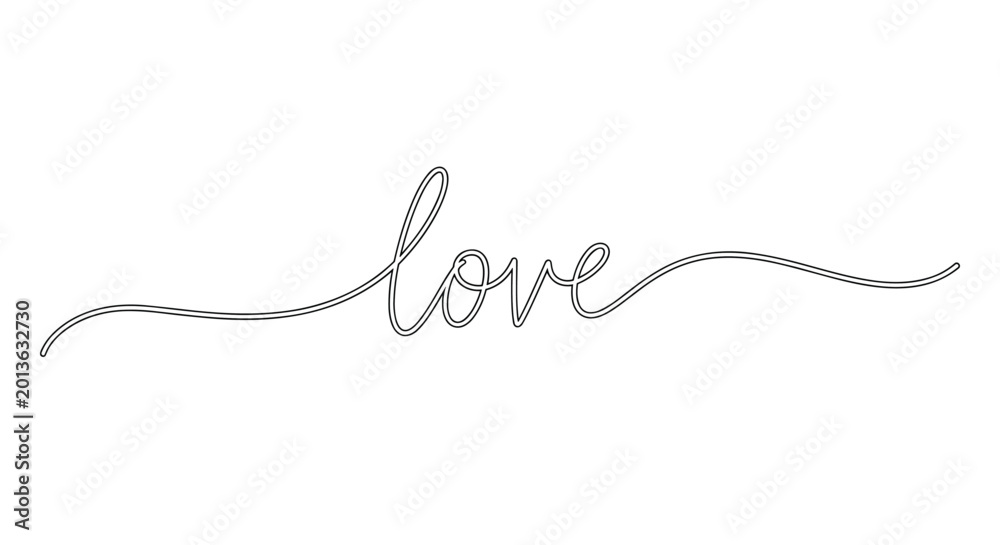 Obraz premium Minimalist continuous one line drawing of the word love written in an elegant cursive script for various romantic projects.