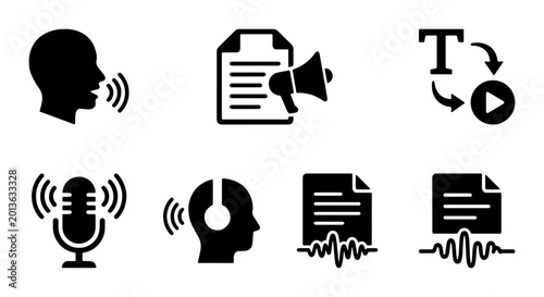 Konstfotografi Audio Transcription Icons Set, Voice Recording Symbols, Sound Wave Graphics, Pod