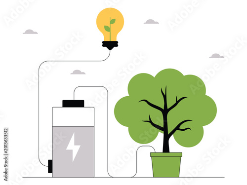Bild auf Leinwand Green tree in a pot connected by wires to a battery and a light bulb containing a small plant sprout symbolizing bio-energy or the concept of harnessing nature's energy to power electricity