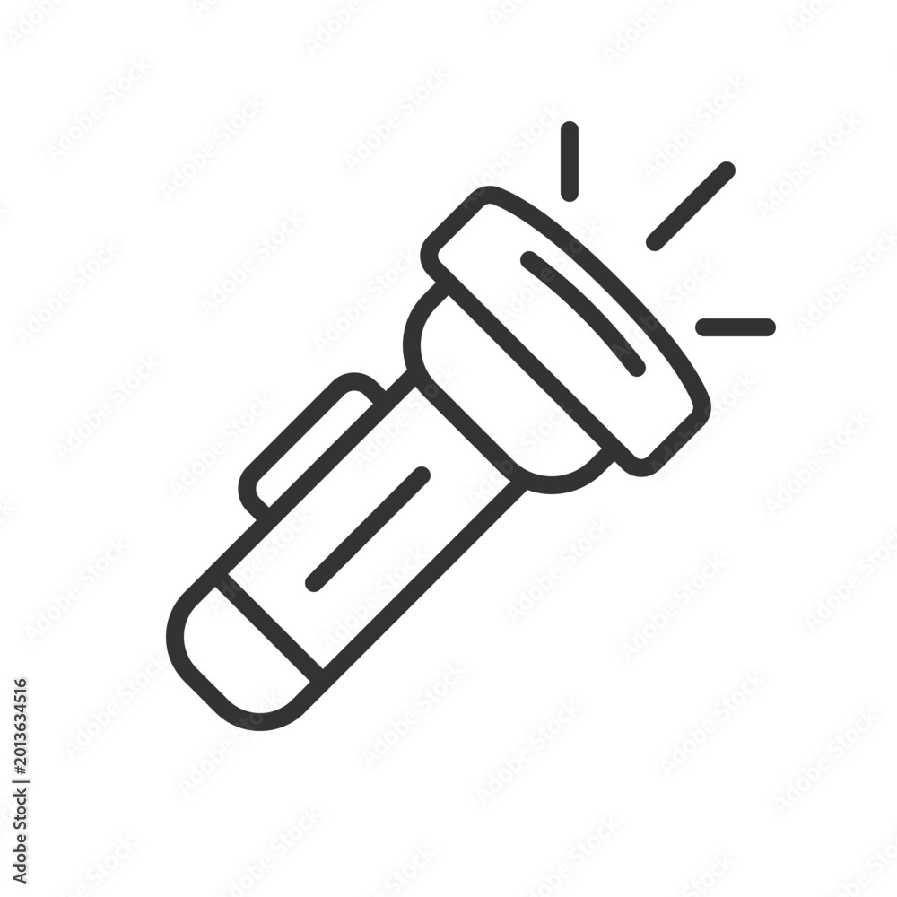 Fototapeta premium 2D pixel perfect black flashlight icon, isolated vector, editable hiking gear thin line illustration.
