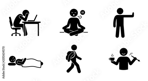 Foto Stick Figure Icons: Stress, Meditation, Stop, Sleep, Walking, Coffee Break - Div