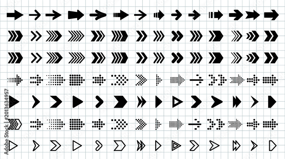 Fototapeta premium A collection of various black and grey arrows and pointers on a grid background.