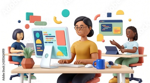 3D vector illustration of a talented Indian girl IT programmer working on a desktop computer in a friendly multi-ethnic environment designing an inspirational app.,