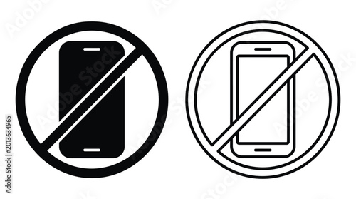 No mobile phone sign icon set with smartphone silhouette inside prohibition circle symbol.