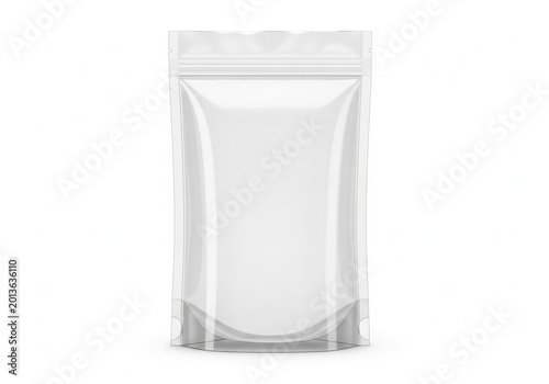 Empty clear plastic resealable storage pouch standing upright