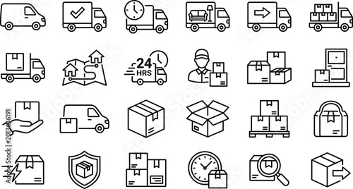 Canvas Print Logistics and delivery line icon set with trucks shipping boxes tracking warehou