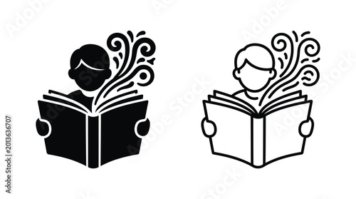 Person reading book with creative magic swirls icon in silhouette and outline vector style.