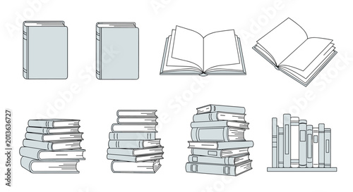 Detailed grayscale set of book icons featuring single volumes, stacked books, and open pages for study and library.