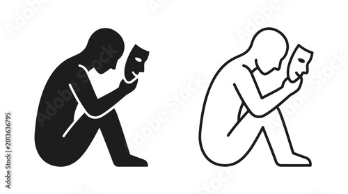 Person holding mask sad feelings hidden emotions duality vector illustration.