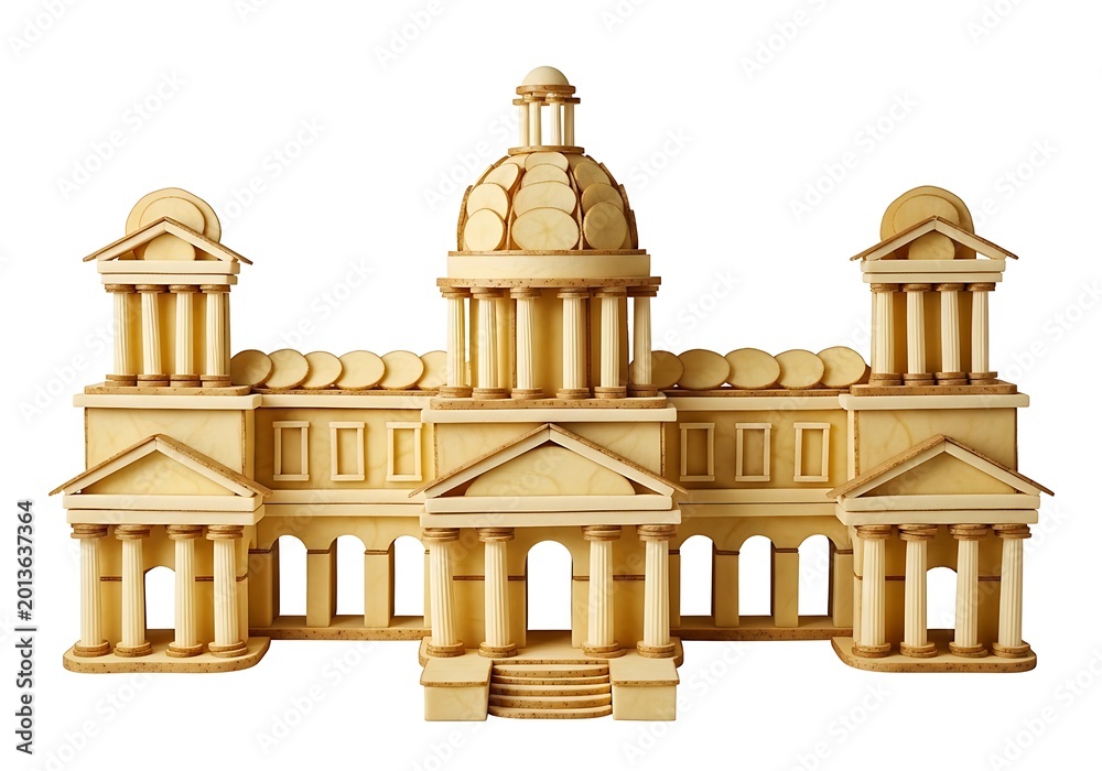 Fototapeta premium Intricate wooden matchstick model of a grand neoclassical building with a central dome isolated on transparent background