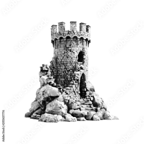Foto Ancient stone tower illustration with halftone texture