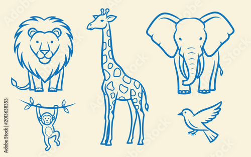 Canvas Print Various exotic wild animals, hand-drawn vector illustration, diverse animal collection