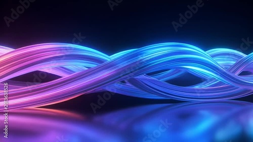 Futuristic neon light waves in blue and purple, abstract glowing fiber optic cables, 3d render of flowing energy lines for technology background