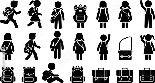 Flat vector illustration showing children walking, sitting, and carrying backpacks and school bags in monochrome style.
