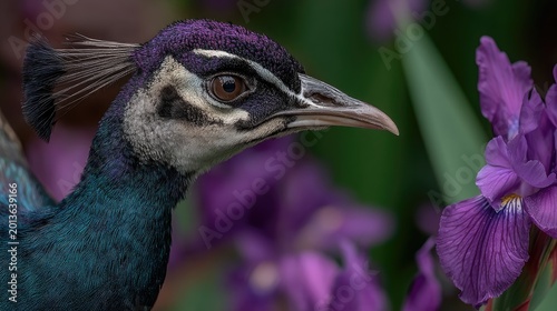 Closeup Colorful Peacock Head Facing Purple Iris Flower in Garden