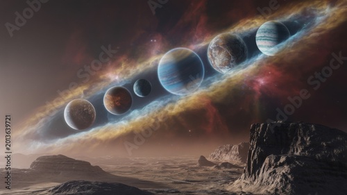 Cinematic planetary alignment over a rocky alien landscape, cosmic solar system planets in a glowing nebula, surreal deep space galaxy background