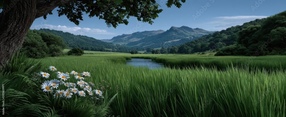 Fototapeta premium Lush meadow landscape with oak trees surrounded by pristine nature and wild beauty