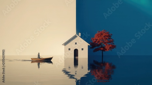 Minimalist surreal landscape with house and boat on water, conceptual split background of day and night, artistic reflection of home and red tree