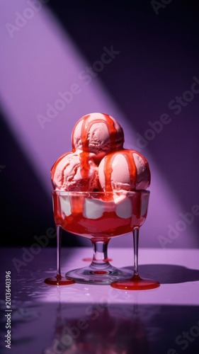Gourmet strawberry ice cream sundae with red berry syrup, pink frozen scoops in glass bowl, dramatic purple lighting and cinematic shadows