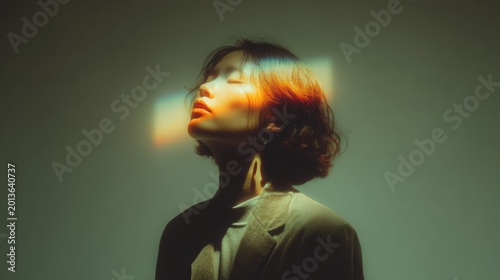 Minimalist portrait of faceless young woman in soft light for modern design