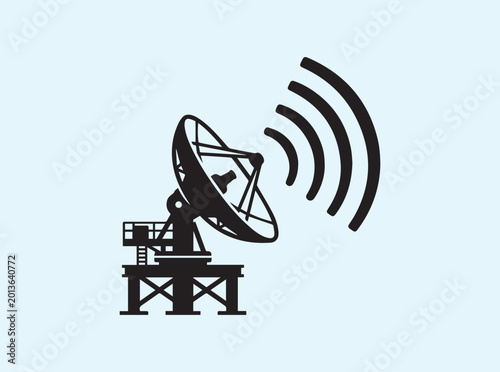 Minimalist black graphic for illustrative purposes in health and safety awareness guides highlighting radar systems as common professional aviation and industrial transport equipment
