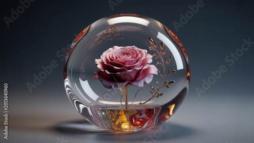 Elegant pink rose inside crystal glass sphere, luxury floral paperweight with gold accents, decorative botanical glass ball for interior design