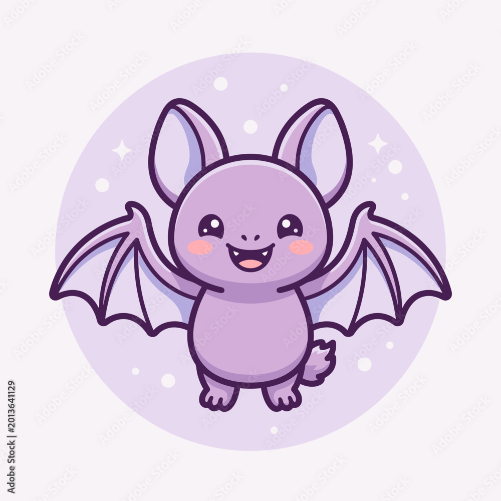 Fototapeta premium Purple cartoon bat with wings spread.