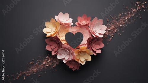 Elegant paper flower heart on black background, romantic floral heart arrangement with glitter trail, pastel papercraft blossoms for Valentine's Day