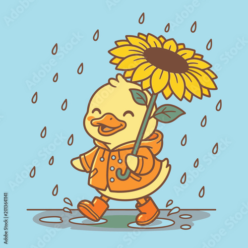 Cute duckling in rain with flower.