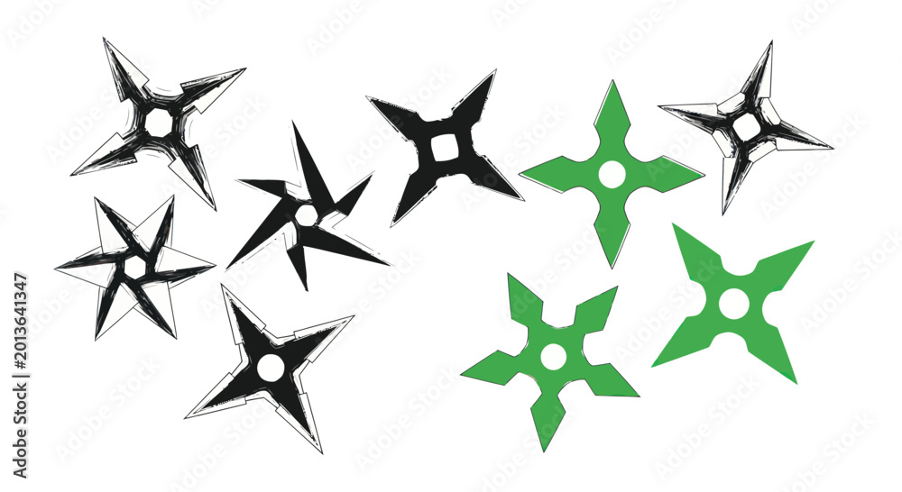 Fotografie Collection of sharp throwing star knives.