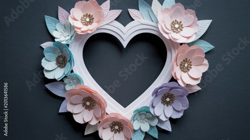 Heart shaped paper flower wreath, pastel floral arrangement on dark background, romantic papercraft heart frame for wedding and valentines day