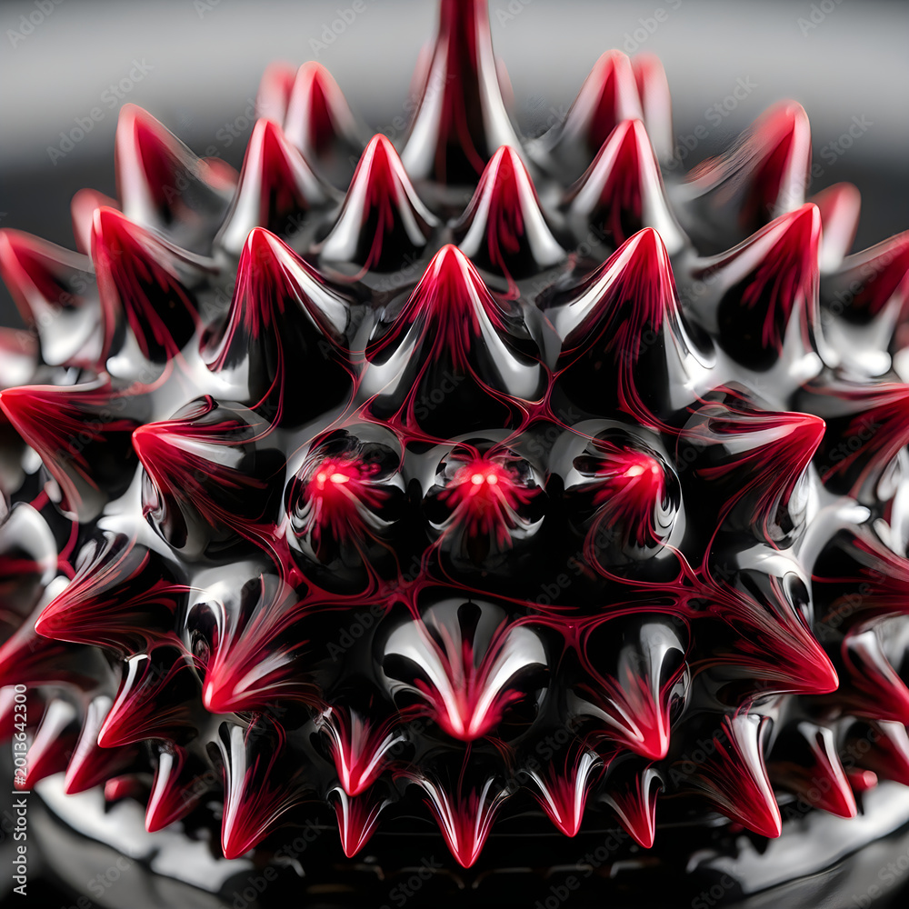 Fototapeta premium Abstract macro shot of spiked ferrofluid with dramatic red and black lighting effects