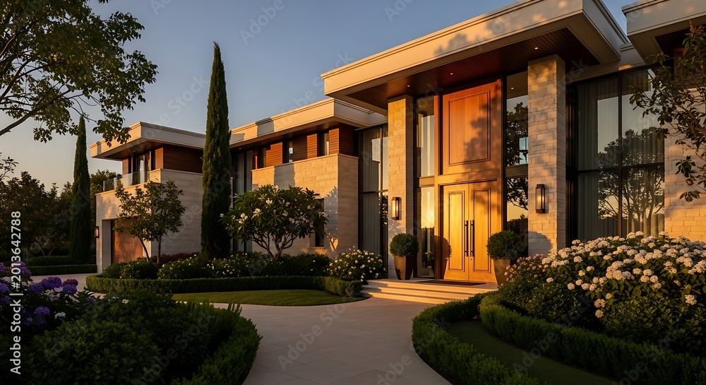 Fototapeta premium Modern luxury house exterior with wooden front door at sunset in a landscaped garden
