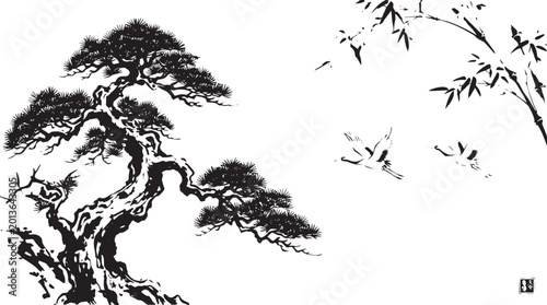 Classic East Asian ink painting depicting a venerable gnarled pine tree and elegant bamboo, symbolizing longevity, resilience, and nature's serene harmony