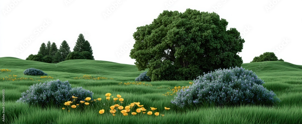 Fototapeta premium Vibrant green meadow with wild blooms and bushes on a white backdrop for design ideas.