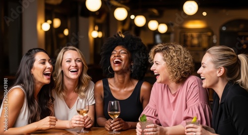 Five cheerful women laughing together in a warmly lit room