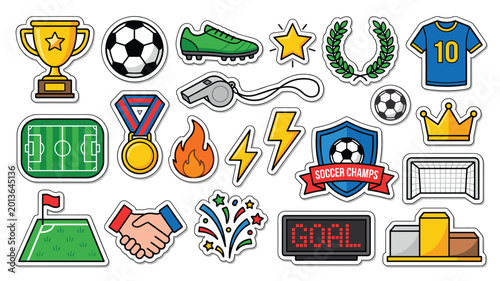 Fotografie Football soccer sticker set vector icon collection with trophy ball jersey medal