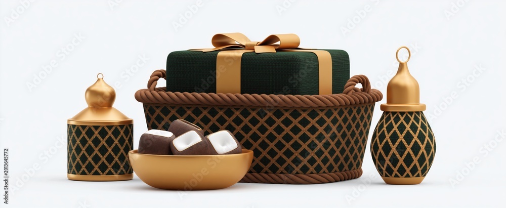 Obraz premium Ramadan Gift Basket 3D Render wrapped in elegance like a hug from the holidays