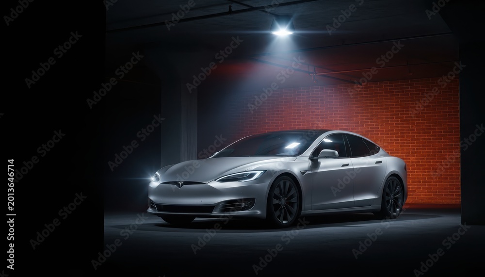 Fototapeta premium Luxury silver sedan on dark studio background, with dramatic lighting
